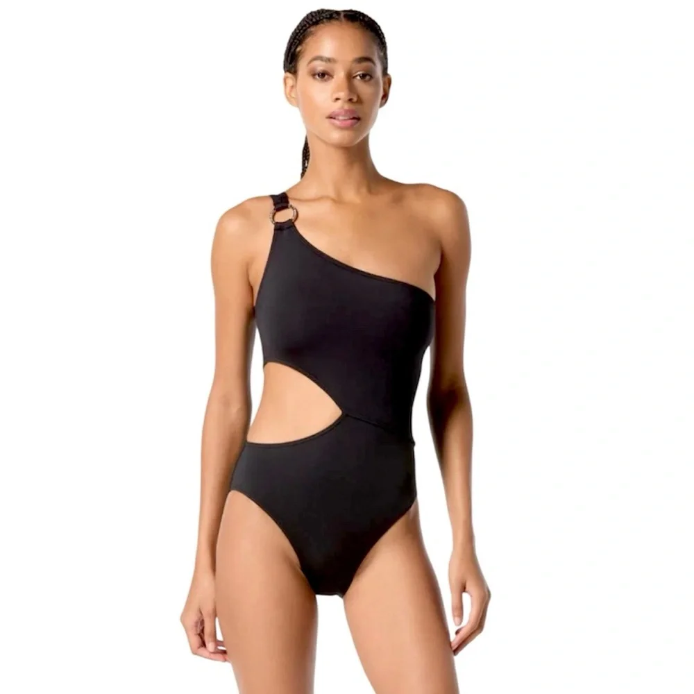 NEW Michael Kors One Shoulder O-Ring Black Cut-Out One Piece Swimsuit, Size 8